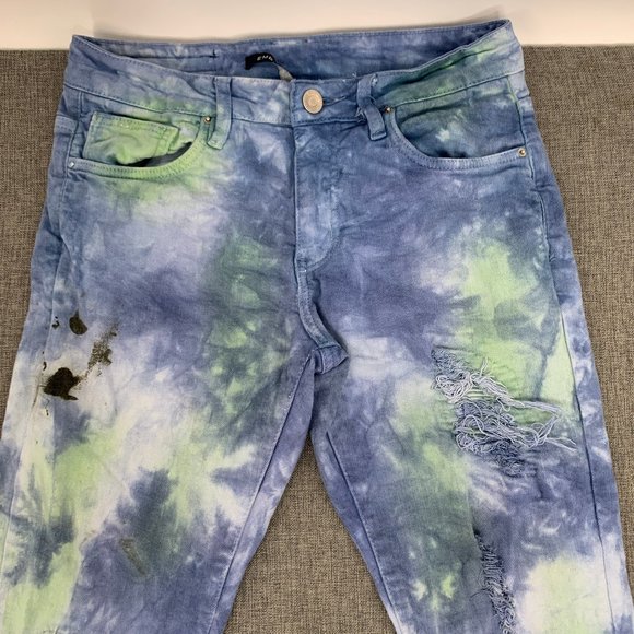 Unique Mens Embellish Tie Dye Jeans Distressed Ripped 30 Cotton Spandex Blue - Picture 6 of 16